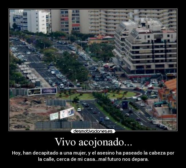 Vivo acojonado... - Hoy, han decapitado a una mujer, y el asesino ha paseado la cabeza por
la calle, cerca de mi casa...mal futuro nos depara.