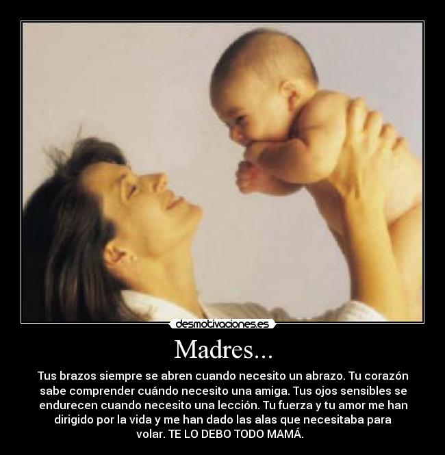 Madres... - Tus brazos siempre se abren cuando necesito un abrazo. Tu corazón
sabe comprender cuándo necesito una amiga. Tus ojos sensibles se
endurecen cuando necesito una lección. Tu fuerza y tu amor me han
dirigido por la vida y me han dado las alas que necesitaba para
volar. TE LO DEBO TODO MAMÁ.