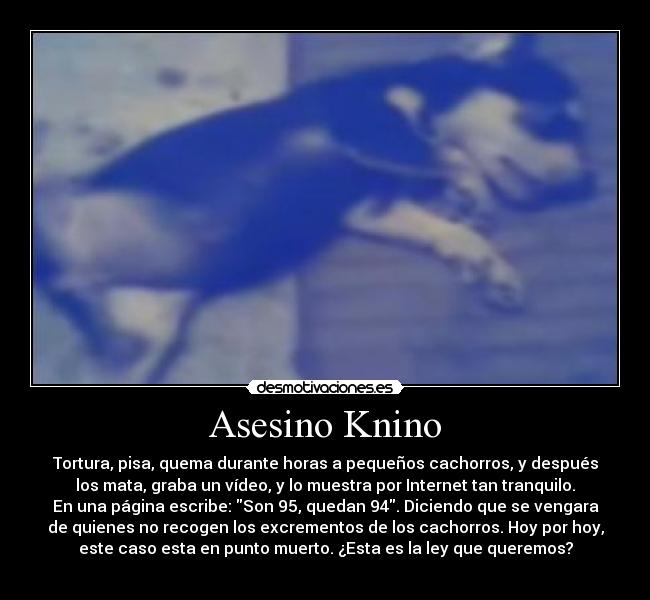 Asesino Knino - Tortura, pisa, quema durante horas a pequeños cachorros, y después
los mata, graba un vídeo, y lo muestra por Internet tan tranquilo.
En una página escribe: Son 95, quedan 94. Diciendo que se vengara
de quienes no recogen los excrementos de los cachorros. Hoy por hoy,
este caso esta en punto muerto. ¿Esta es la ley que queremos?