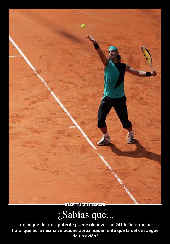 ¿Sabías que... - ...un saque de tenis potente puede alcanzar los 241 kilómetros por
hora, que es la misma velocidad aproximadamente que la del despegue
de un avión?