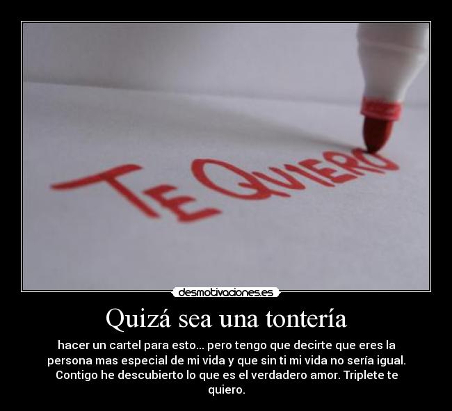 Quizá sea una tontería - hacer un cartel para esto... pero tengo que decirte que eres la
persona mas especial de mi vida y que sin ti mi vida no sería igual.
Contigo he descubierto lo que es el verdadero amor. Triplete te
quiero.