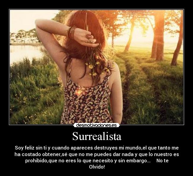 Surrealista - Soy feliz sin ti y cuando apareces destruyes mi mundo,el que tanto me
ha costado obtener,sé que no me puedes dar nada y que lo nuestro es
prohibido,que no eres lo que necesito y sin embargo...     No te
Olvido!