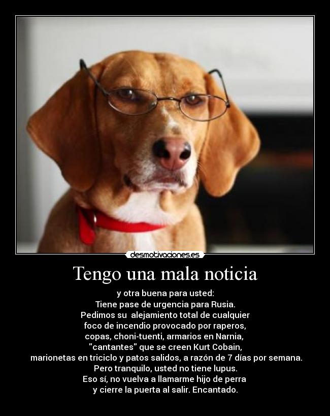 Tengo una mala noticia - y otra buena para usted:
Tiene pase de urgencia para Rusia.
Pedimos su alejamiento total de cualquier
foco de incendio provocado por raperos,
copas, choni-tuenti, armarios en Narnia,
cantantes que se creen Kurt Cobain,
marionetas en triciclo y patos salidos, a razón de 7 días por semana.
Pero tranquilo, usted no tiene lupus.
Eso sí, no vuelva a llamarme hijo de perra
y cierre la puerta al salir. Encantado.