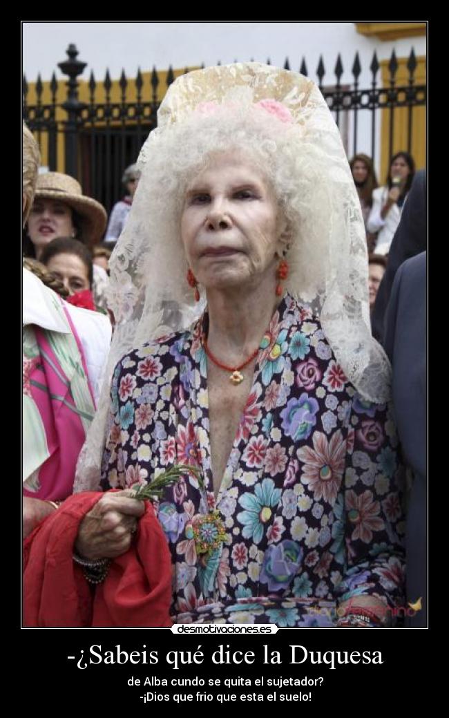 -¿Sabeis qué dice la Duquesa - de Alba cundo se quita el sujetador?
-¡Dios que frio que esta el suelo!