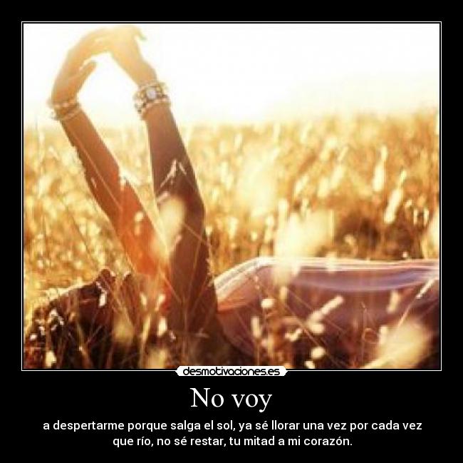 No voy - a despertarme porque salga el sol, ya sé llorar una vez por cada vez
que río, no sé restar, tu mitad a mi corazón.