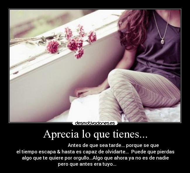 Aprecia lo que tienes... - Antes de que sea tarde... porque se que
el tiempo escapa & hasta es capaz de olvidarte... Puede que pierdas
algo que te quiere por orgullo...Algo que ahora ya no es de nadie
pero que antes era tuyo...