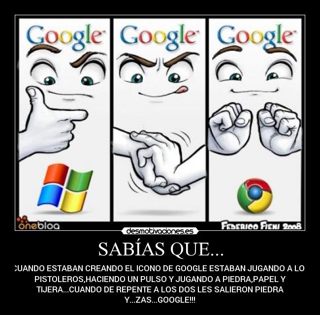 SABÍAS QUE... - CUANDO ESTABAN CREANDO EL ICONO DE GOOGLE ESTABAN JUGANDO A LOS
PISTOLEROS,HACIENDO UN PULSO Y JUGANDO A PIEDRA,PAPEL Y
TIJERA...CUANDO DE REPENTE A LOS DOS LES SALIERON PIEDRA
Y...ZAS...GOOGLE!!!