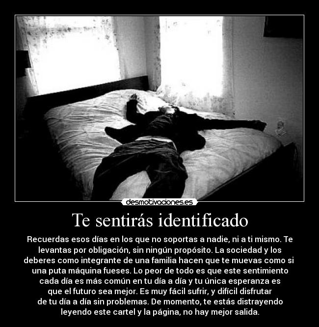 Te sentirás identificado - Recuerdas esos días en los que no soportas a nadie, ni a ti mismo. Te
levantas por obligación, sin ningún propósito. La sociedad y los
deberes como integrante de una familia hacen que te muevas como si 
una puta máquina fueses. Lo peor de todo es que este sentimiento
cada día es más común en tu día a día y tu única esperanza es
que el futuro sea mejor. Es muy fácil sufrir, y difícil disfrutar
de tu día a día sin problemas. De momento, te estás distrayendo
leyendo este cartel y la página, no hay mejor salida.