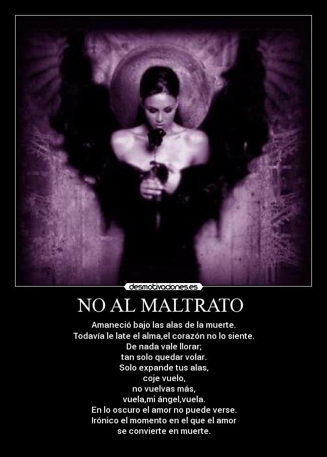 NO AL MALTRATO  - Amaneció bajo las alas de la muerte.
Todavía le late el alma,el corazón no lo siente.
De nada vale llorar;
tan solo quedar volar.
Solo expande tus alas,
coje vuelo,
no vuelvas más,
vuela,mi ángel,vuela.
En lo oscuro el amor no puede verse.
Irónico el momento en el que el amor
se convierte en muerte.
