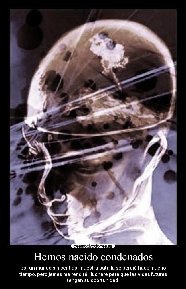 Hemos nacido condenados - por un mundo sin sentido,  nuestra batalla se perdió hace mucho
tiempo, pero jamas me rendiré , luchare para que las vidas futuras
tengan su oportunidad 