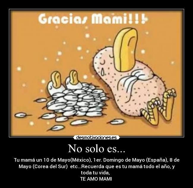 No solo es... - Tu mamá un 10 de Mayo(México), 1er. Domingo de Mayo (España), 8 de
Mayo (Corea del Sur)  etc...Recuerda que es tu mamá todo el año, y
toda tu vida,  
TE AMO MAMI 