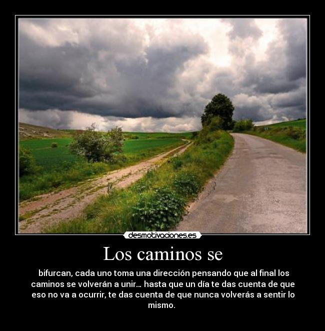 Los caminos se - bifurcan, cada uno toma una dirección pensando que al final los
caminos se volverán a unir… hasta que un día te das cuenta de que
eso no va a ocurrir, te das cuenta de que nunca volverás a sentir lo
mismo.