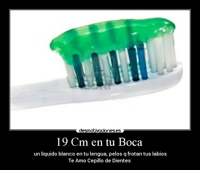 19 Cm en tu Boca - un líquido blanco en tu lengua, pelos q frotan tus labios
Te Amo Cepillo de Dientes