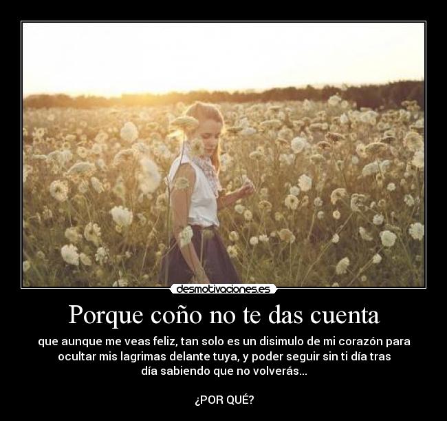 Porque coño no te das cuenta - que aunque me veas feliz, tan solo es un disimulo de mi corazón para
ocultar mis lagrimas delante tuya, y poder seguir sin ti día tras
día sabiendo que no volverás...

¿POR QUÉ?
