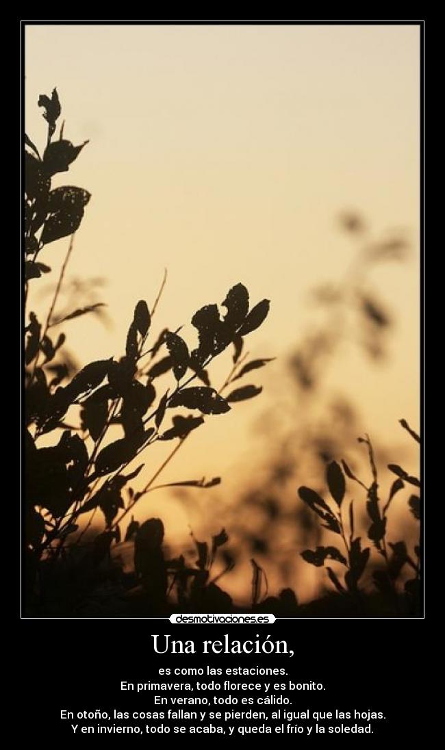 Una relación, - es como las estaciones.
En primavera, todo florece y es bonito.
En verano, todo es cálido.
En otoño, las cosas fallan y se pierden, al igual que las hojas.
Y en invierno, todo se acaba, y queda el frío y la soledad.