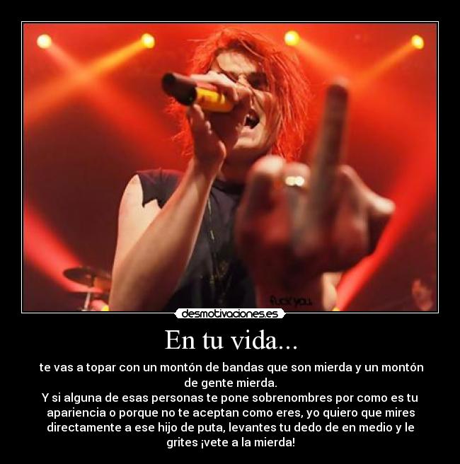En tu vida... - te vas a topar con un montón de bandas que son mierda y un montón
de gente mierda.
Y si alguna de esas personas te pone sobrenombres por como es tu
apariencia o porque no te aceptan como eres, yo quiero que mires
directamente a ese hijo de puta, levantes tu dedo de en medio y le
grites ¡vete a la mierda!