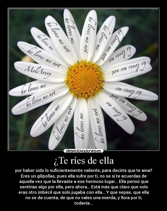¿Te ríes de ella - por haber sido lo suficientemente valiente, para decirte que te ama?
Eres un gilipollas, pues ella sufre por ti, no se si te acuerdas de
aquella vez que la llevaste a ese hermoso lugar... Ella pensó que
sentirías algo por ella, pero ahora... Está más que claro que solo
eras otro imbécil que solo jugaba con ella... Y que sepas, que ella
no se da cuenta, de que no vales una mierda, y llora por ti;
todavía...