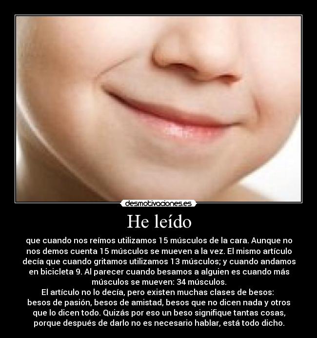 He leído - que cuando nos reímos utilizamos 15 músculos de la cara. Aunque no
nos demos cuenta 15 músculos se mueven a la vez. El mismo artículo
decía que cuando gritamos utilizamos 13 músculos; y cuando andamos
en bicicleta 9. Al parecer cuando besamos a alguien es cuando más
músculos se mueven: 34 músculos.
El artículo no lo decía, pero existen muchas clases de besos:
besos de pasión, besos de amistad, besos que no dicen nada y otros
que lo dicen todo. Quizás por eso un beso signifique tantas cosas,
porque después de darlo no es necesario hablar, está todo dicho.