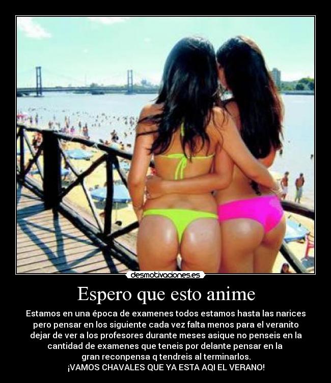 Espero que esto anime - Estamos en una época de examenes todos estamos hasta las narices
pero pensar en los siguiente cada vez falta menos para el veranito
dejar de ver a los profesores durante meses asique no penseis en la
cantidad de examenes que teneis por delante pensar en la
gran reconpensa q tendreis al terminarlos.
¡VAMOS CHAVALES QUE YA ESTA AQI EL VERANO!