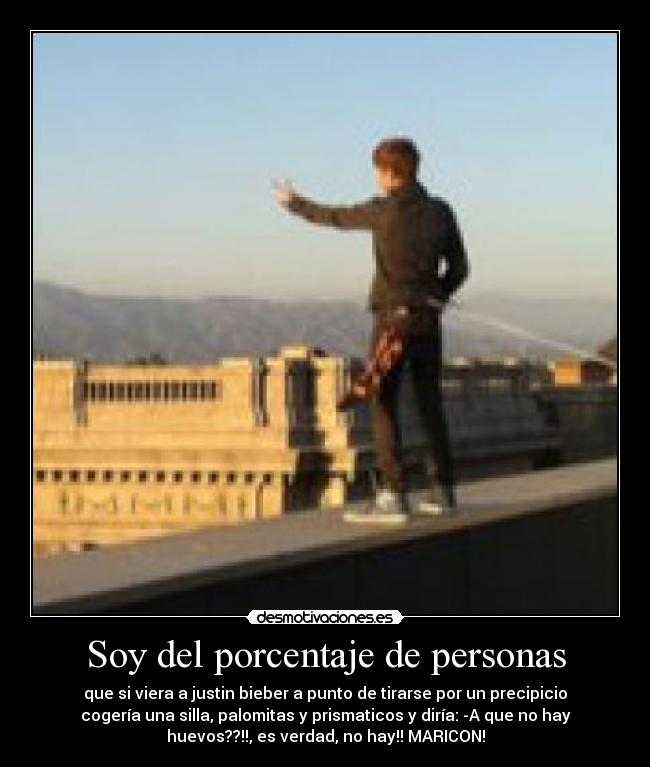 Soy del porcentaje de personas - que si viera a justin bieber a punto de tirarse por un precipicio
cogería una silla, palomitas y prismaticos y diría: -A que no hay
huevos??!!, es verdad, no hay!! MARICON!