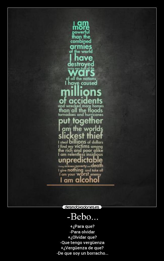 -Bebo... - +¿Para que?
-Para olvidar
+¿Olvidar que?
-Que tengo vergüenza
+¿Vergüenza de que?
-De que soy un borracho...