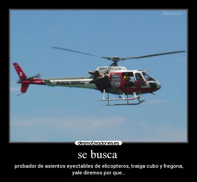 se busca - probador de asientos eyectables de elicopteros, traiga cubo y fregona,
yale diremos por que...