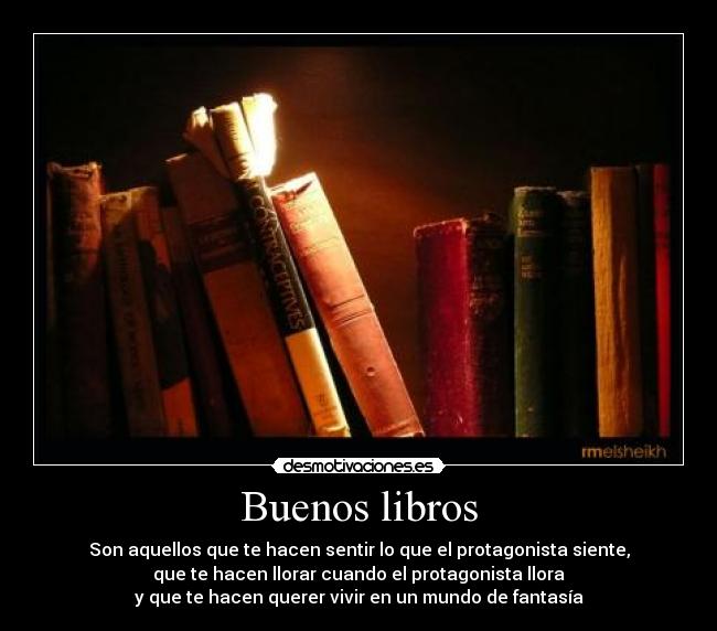 Buenos libros - Son aquellos que te hacen sentir lo que el protagonista siente,
que te hacen llorar cuando el protagonista llora
y que te hacen querer vivir en un mundo de fantasía