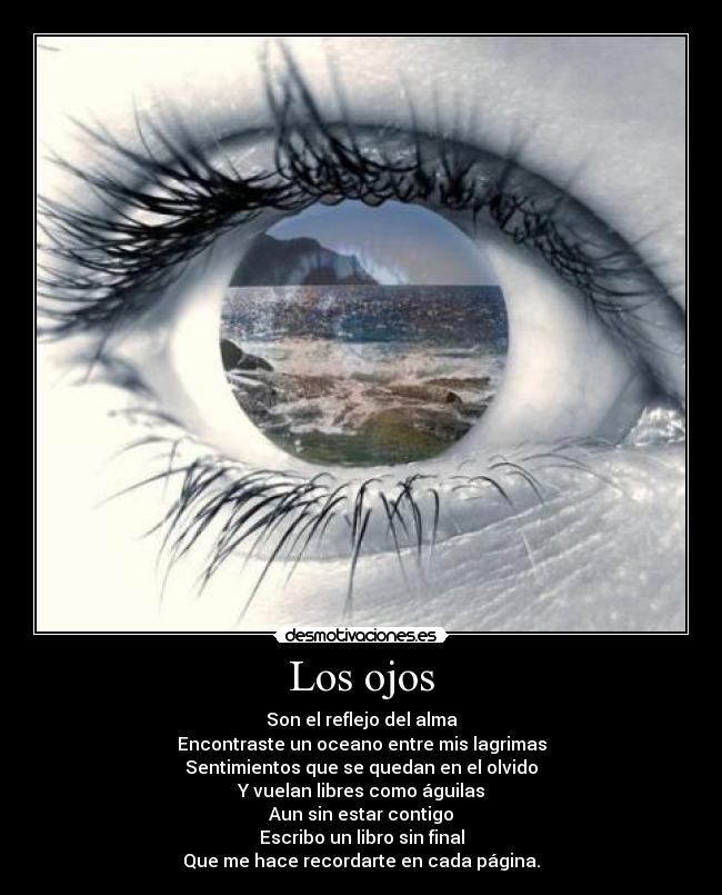 Los ojos - Son el reflejo del alma
Encontraste un oceano entre mis lagrimas
Sentimientos que se quedan en el olvido
Y vuelan libres como águilas
Aun sin estar contigo
Escribo un libro sin final
Que me hace recordarte en cada página.