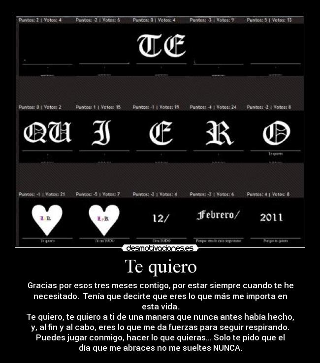 Te quiero - Gracias por esos tres meses contigo, por estar siempre cuando te he
necesitado. Tenía que decirte que eres lo que más me importa en
esta vida.
Te quiero, te quiero a ti de una manera que nunca antes había hecho,
y, al fin y al cabo, eres lo que me da fuerzas para seguir respirando.
Puedes jugar conmigo, hacer lo que quieras... Solo te pido que el
día que me abraces no me sueltes NUNCA.