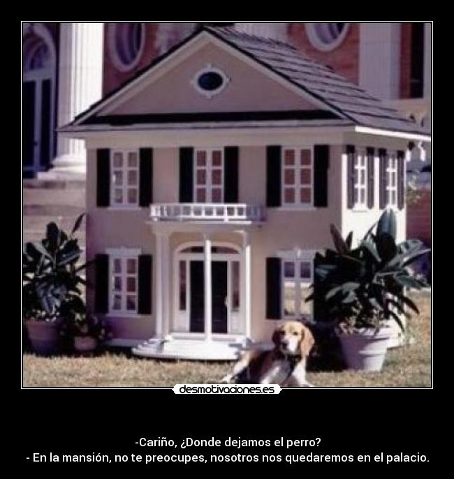 - -Cariño, ¿Donde dejamos el perro?
- En la mansión, no te preocupes, nosotros nos quedaremos en el palacio.