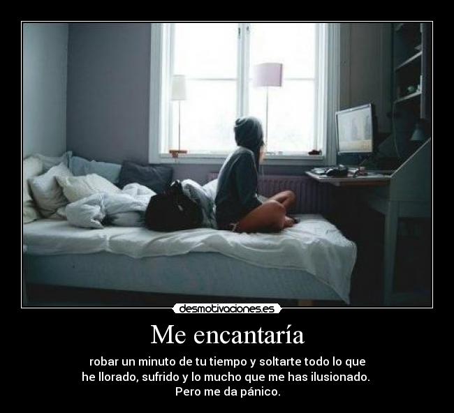 Me encantaría - robar un minuto de tu tiempo y soltarte todo lo que
he llorado, sufrido y lo mucho que me has ilusionado. 
Pero me da pánico.