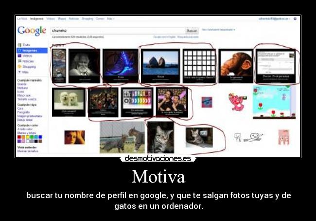 Motiva - buscar tu nombre de perfil en google, y que te salgan fotos tuyas y de
gatos en un ordenador.