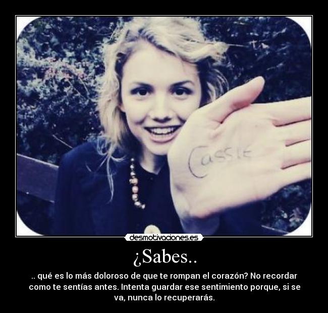 ¿Sabes.. - .. qué es lo más doloroso de que te rompan el corazón? No recordar
como te sentías antes. Intenta guardar ese sentimiento porque, si se
va, nunca lo recuperarás.