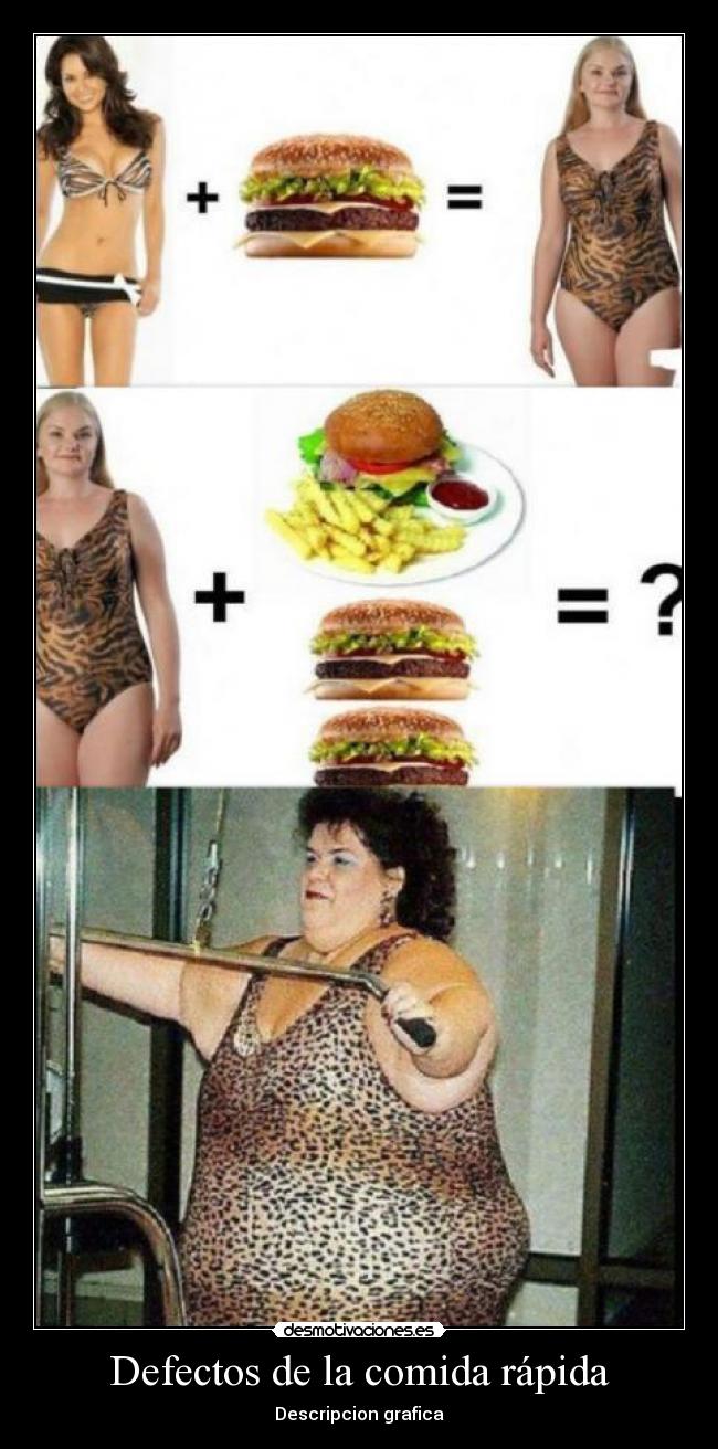 carteles comida defectos comida rapida mujer chica gorda delgada comer hamburguesa patadas dieta resultado suma desmotivaciones