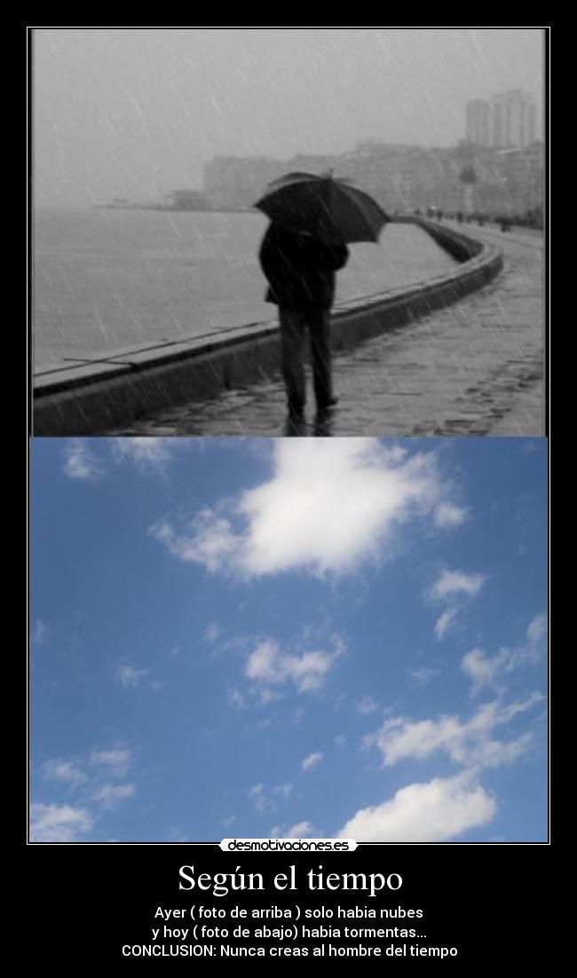 Según el tiempo - Ayer ( foto de arriba ) solo habia nubes
y hoy ( foto de abajo) habia tormentas...
CONCLUSION: Nunca creas al hombre del tiempo