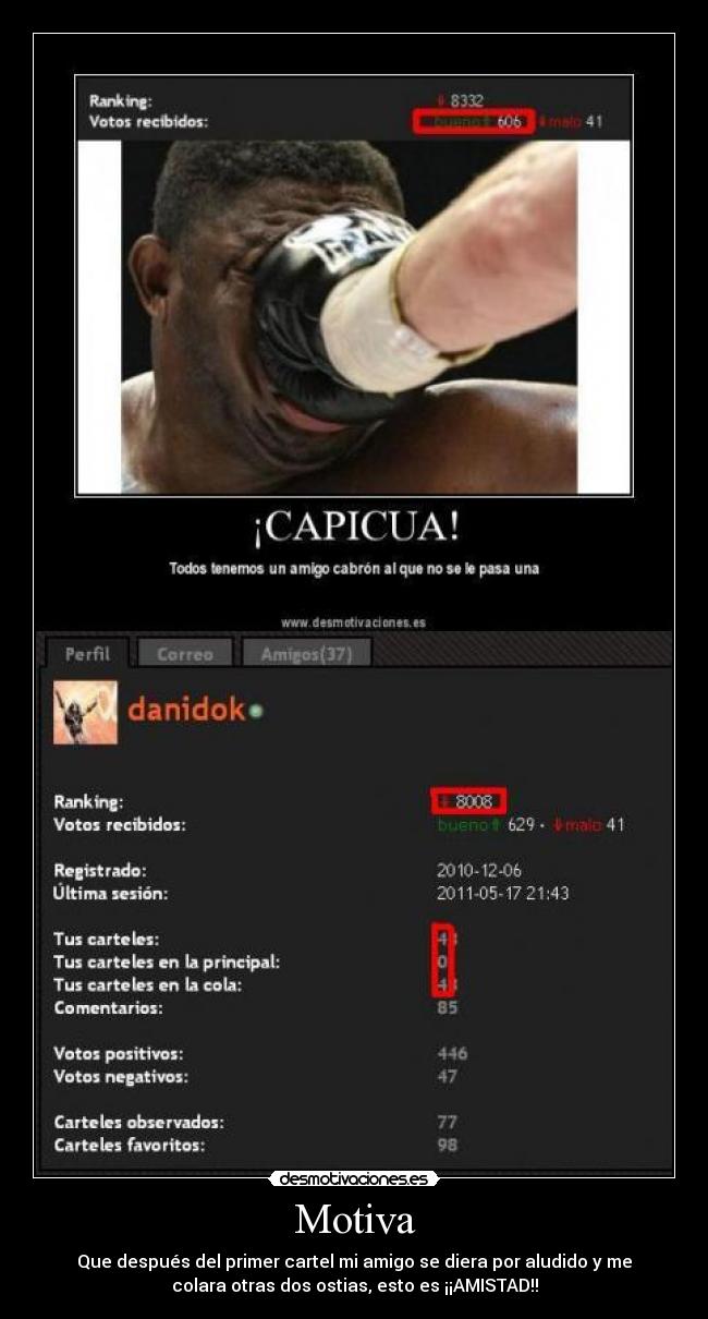 Motiva - Que después del primer cartel mi amigo se diera por aludido y me
colara otras dos ostias, esto es ¡¡AMISTAD!!