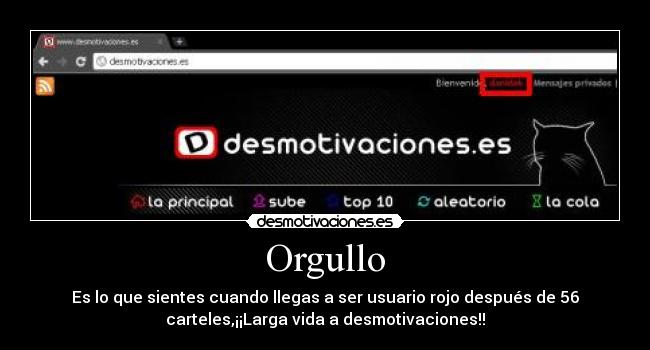 Orgullo - Es lo que sientes cuando llegas a ser usuario rojo después de 56
carteles,¡¡Larga vida a desmotivaciones!!