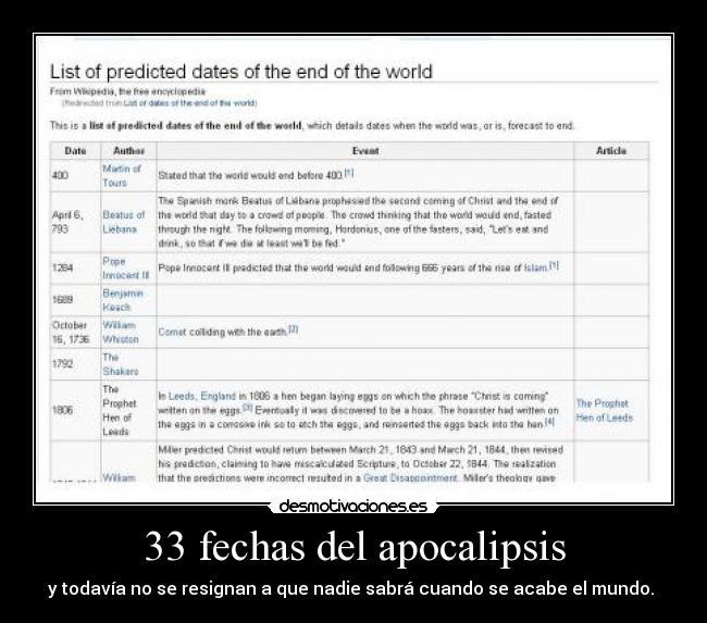33 fechas del apocalipsis - y todavía no se resignan a que nadie sabrá cuando se acabe el mundo.