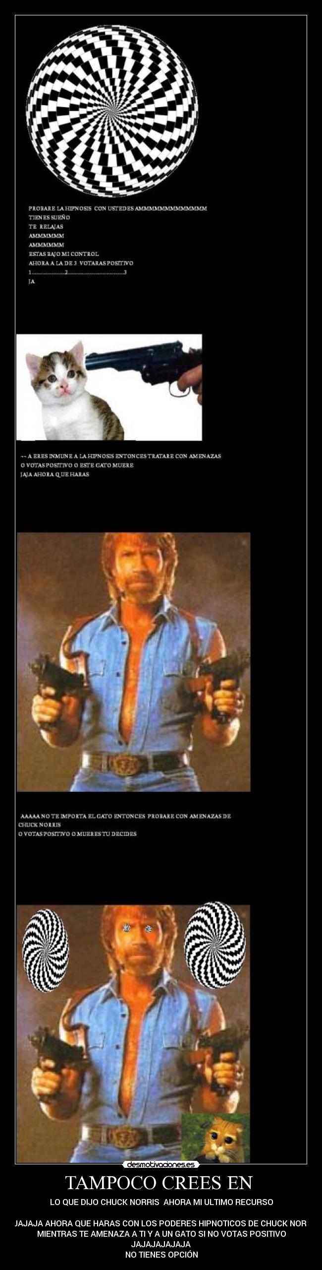 TAMPOCO CREES EN  - LO QUE DIJO CHUCK NORRIS  AHORA MI ULTIMO RECURSO

JAJAJAJA AHORA QUE HARAS CON LOS PODERES HIPNOTICOS DE CHUCK NORRIS
MIENTRAS TE AMENAZA A TI Y A UN GATO SI NO VOTAS POSITIVO
JAJAJAJAJAJA
NO TIENES OPCIÓN