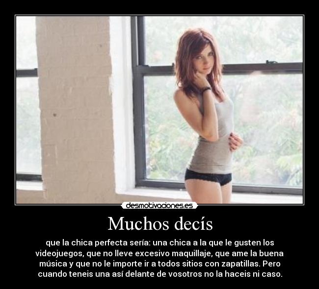 Muchos decís - que la chica perfecta sería: una chica a la que le gusten los
videojuegos, que no lleve excesivo maquillaje, que ame la buena
música y que no le importe ir a todos sitios con zapatillas. Pero
cuando teneis una así delante de vosotros no la haceis ni caso.