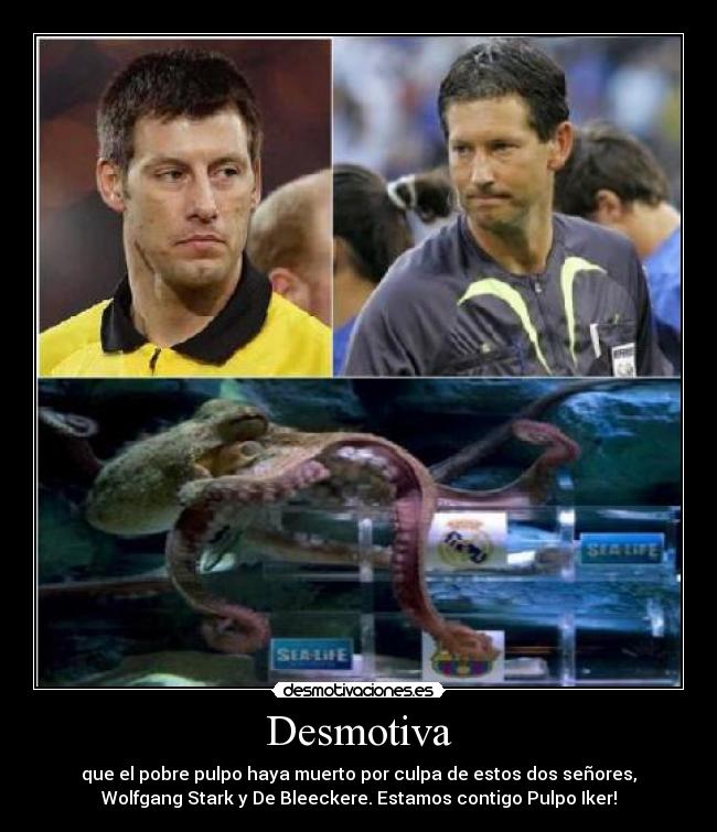 Desmotiva - que el pobre pulpo haya muerto por culpa de estos dos señores,
Wolfgang Stark y De Bleeckere. Estamos contigo Pulpo Iker!