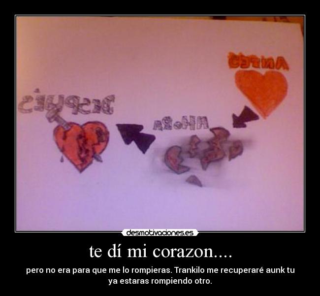 te dí mi corazon.... - pero no era para que me lo rompieras. Trankilo me recuperaré aunk tu
ya estaras rompiendo otro.
