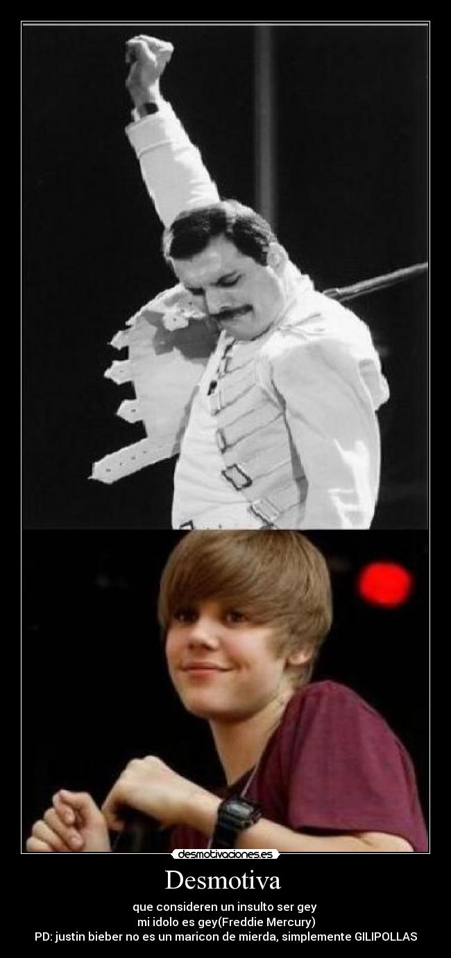 Desmotiva  - que consideren un insulto ser gey 
mi idolo es gey(Freddie Mercury)
PD: justin bieber no es un maricon de mierda, simplemente GILIPOLLAS