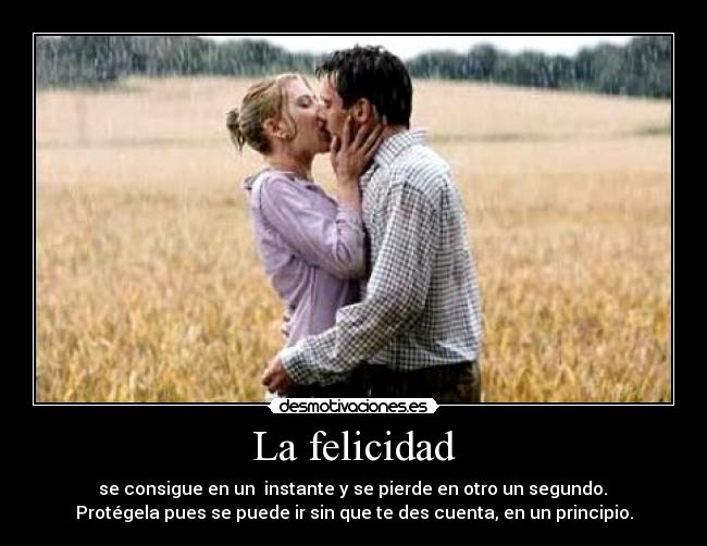 La felicidad - se consigue en un instante y se pierde en otro un segundo.
Protégela pues se puede ir sin que te des cuenta, en un principio.
