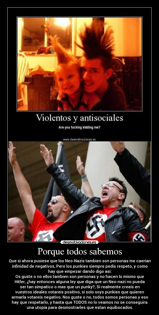 Porque todos sabemos - Que si ahora pusiese que los Neo-Nazis tambien son personas me caerian
infinidad de negativos, Pero los punkies siempre pedis respeto, y como
hay que empezar dando digo asi:
Os guste o no ellos tambien son personas y no hacen lo mismo que
Hitler, ¿hay entonces alguna ley que diga que un Neo-nazi no pueda
ser tan simpatico o mas que un punky?, Si realmente creeis en
vuestros ideales votareis positivo, si solo soys punkies que quieren
armarla votareis negativo. Nos guste o no, todos somos personas y eso
hay que respetarlo, y hasta que TODOS no lo veamos no se conseguira
una utopia para desmostrarles que estan equibocados.