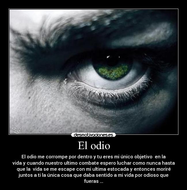 El odio - El odio me corrompe por dentro y tu eres mi único objetivo en la
vida y cuando nuestro ultimo combate espero luchar como nunca hasta
que la vida se me escape con mi ultima estocada y entonces moriré
juntos a ti la única cosa que daba sentido a mi vida por odioso que
fueras ...