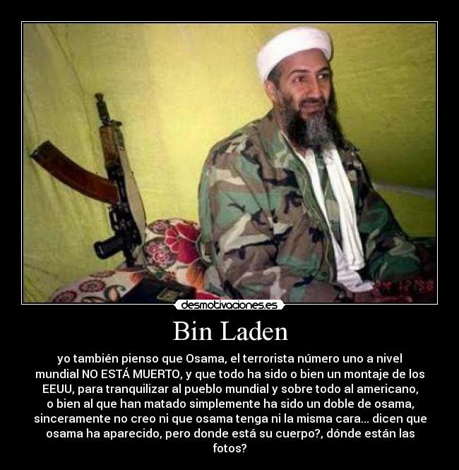 Bin Laden - yo también pienso que Osama, el terrorista número uno a nivel
mundial NO ESTÁ MUERTO, y que todo ha sido o bien un montaje de los
EEUU, para tranquilizar al pueblo mundial y sobre todo al americano,
o bien al que han matado simplemente ha sido un doble de osama,
sinceramente no creo ni que osama tenga ni la misma cara... dicen que
osama ha aparecido, pero donde está su cuerpo?, dónde están las
fotos?