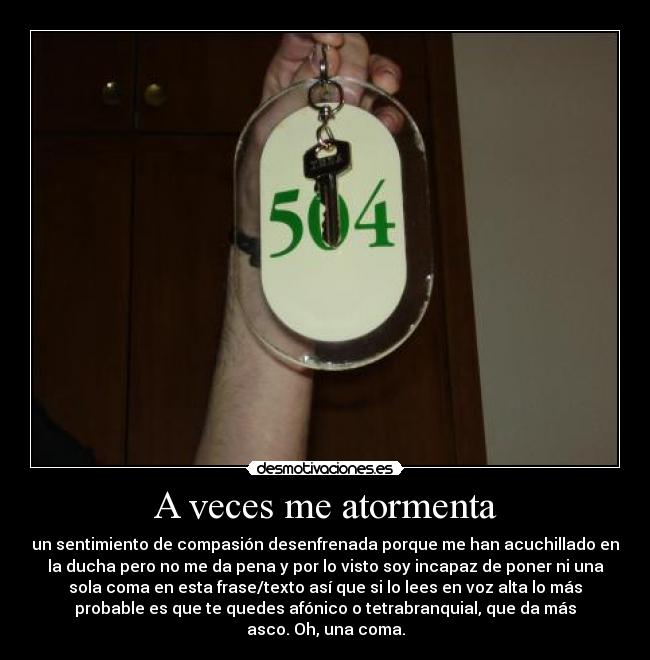 A veces me atormenta - un sentimiento de compasión desenfrenada porque me han acuchillado en
la ducha pero no me da pena y por lo visto soy incapaz de poner ni una
sola coma en esta frase/texto así que si lo lees en voz alta lo más
probable es que te quedes afónico o tetrabranquial, que da más
asco. Oh, una coma.