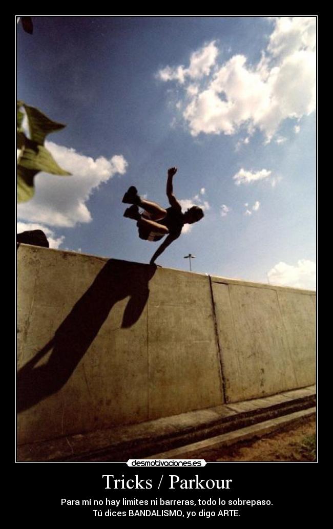 Tricks / Parkour - Para mí no hay limites ni barreras, todo lo sobrepaso.
Tú dices BANDALISMO, yo digo ARTE.