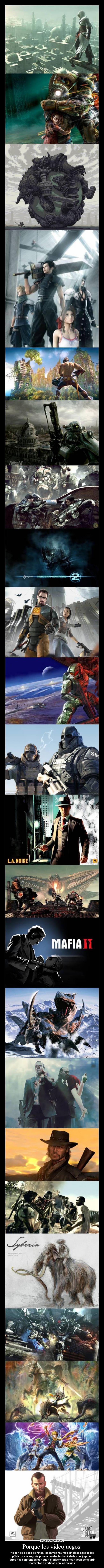 Porque los videojuegos - no son solo cosa de niños, cada vez hay mas dirigidos a todos los
públicos y la mayoría pone a prueba las habilidades del jugador,
otros nos sorprenden con sus historias y otras nos hacen compartir
momentos divertidos con los amigos.